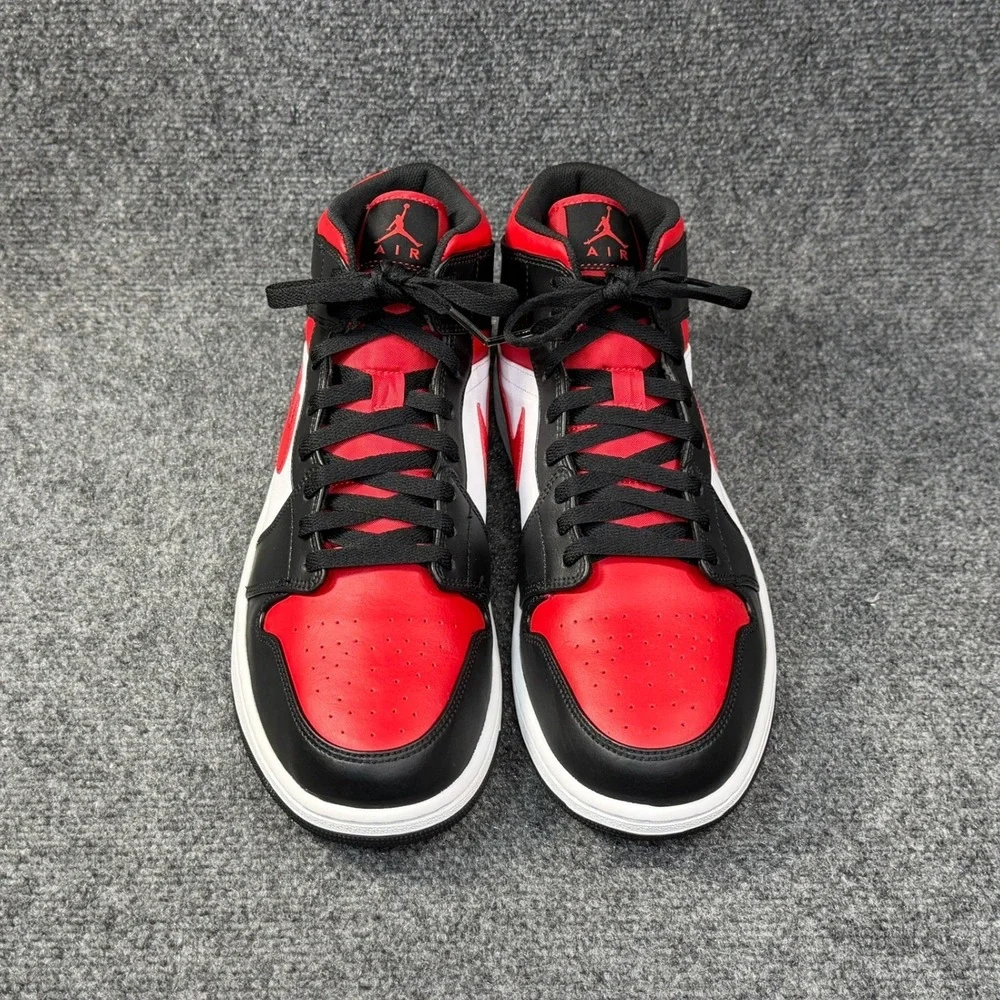 Jordan 1 Mid Basketball Shoes Men's‎ 12 White Black Red Retro Athletic Sneakers
